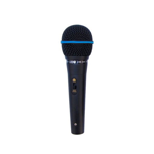 Microfone dinâmico Leem DM-300 com botão ON/OFF e design robusto.