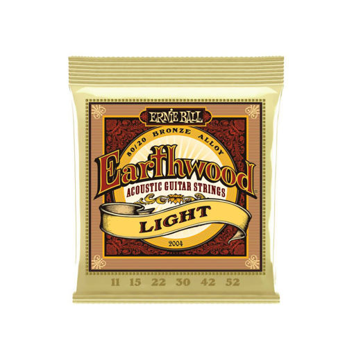 Pacote de cordas Ernie Ball Earthwood 2004 Light para guitarra acústica, com calibres 11-52 e composição 80/20 de bronze, oferecendo som brilhante e durabilidade superior.