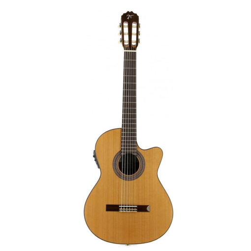 Vista frontal da guitarra clássica eletrificada Jose Torres JTC 20CE com design em cedro e mogno.