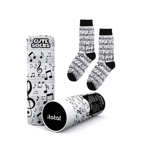 Meias divertidas com padrão de notas musicais em preto e branco, embaladas num cilindro temático. Tamanho único 36-41, ideal para amantes de música.