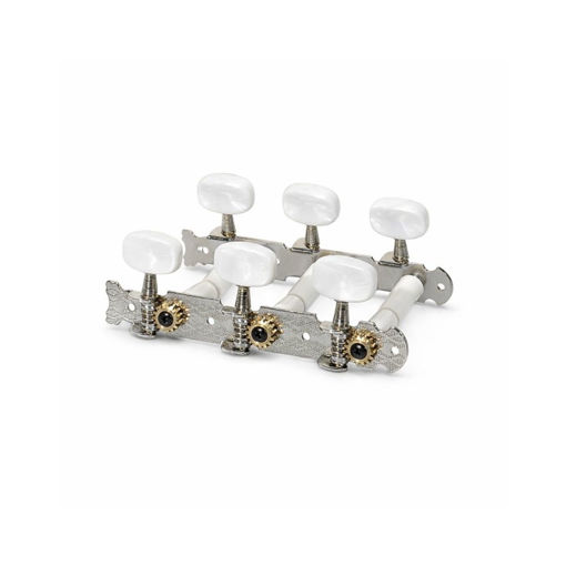 Conjunto de afinadores Boston 126-P para guitarra clássica, 3L+3R, com botões pearloid brancos e engrenagens metálicas, ideais para afinação estável e precisa.