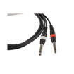 Pormenor dos jacks no Cabo EK Audio jack stereo para dois jack mono com 1,5 metros de comprimento