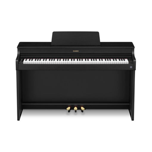 Piano Digital Casio Celviano AP-300BK preto vista de frente com 3 pedais dourados.