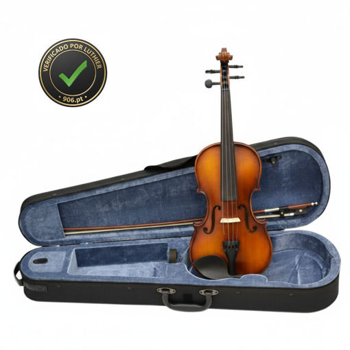 Violino 4/4 Carlo Giordano VS-15 com acabamento acetinado, apoiado num estojo rígido azul aberto com arco, fundo branco profissional.