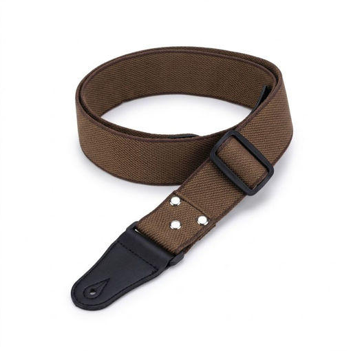 Fotografia profissional de estúdio da correia de guitarra Wingo modelo WS308B, enrolada num fundo branco puro. Mostra o padrão bordado Jacquard castanho, a fivela de ajuste preta e a ponta de pele sintética com rebites prateados.