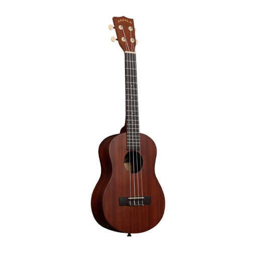 Ukulele Tenor Kala Makala MK-T com corpo em mogno, acabamento acetinado e cordas brancas Aquila, visto de lado.