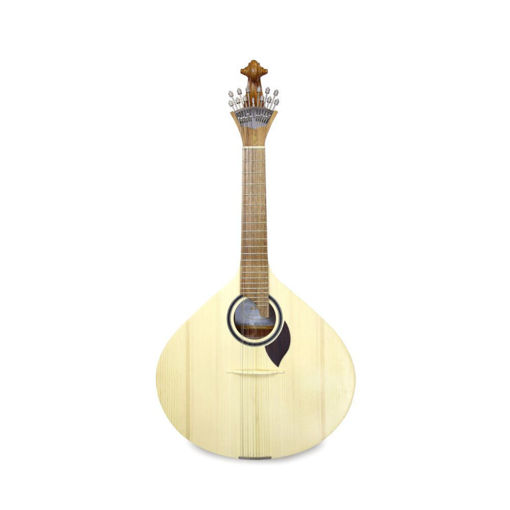 Vista frontal da guitarra portuguesa APC série 305 Lisboa com tampo em spruce maciço e corpo em mogno, evidenciando a rosácea e o cavalete.