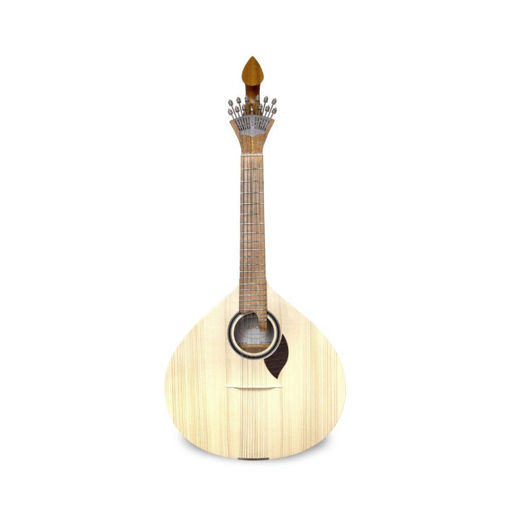 Vista frontal da guitarra portuguesa APC série 305 Coimbra com tampo em spruce maciço e corpo em mogno, evidenciando a rosácea e o cavalete.