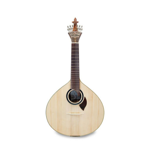 Fotografia de estúdio frontal da guitarra portuguesa APC série 307 Lisboa, com tampo maciço selecionado e detalhes de acabamento artesanal.