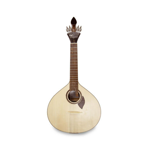 Vista frontal da guitarra portuguesa APC 308 Coimbra de Meio Luxo, evidenciando o acabamento e o tampo maciço de alta qualidade.