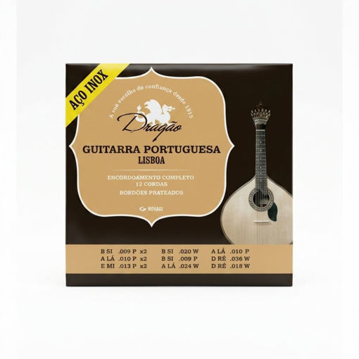 Cordas Dragão Aço Inox para Guitarra Portuguesa Lisboa, jogo de 12 cordas com bordões prateados de alta durabilidade.