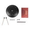 Vista superior do Tongue drum Ritmo TD10BL 10 polegadas em Dó maior com acabamento preto mate com os seus acessórios